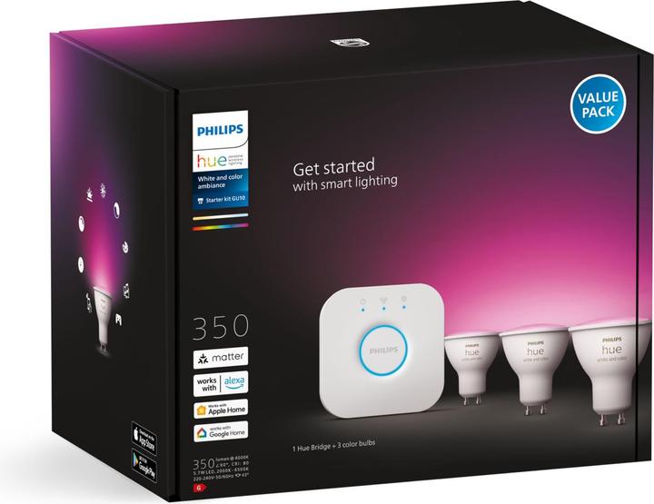 Produktbild Philips Hue Starter-Set: Dreierpack (GU10, 5.70 W, 250 lm, 4 x, G)