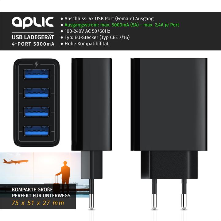 Produktbild Aplic USB Ladegerät 5000 mA, 4 Port Netzteil für Handy, Tablet uvm. 5000mA 2,4A Max. je Port, 25W, schwarz (25 W)