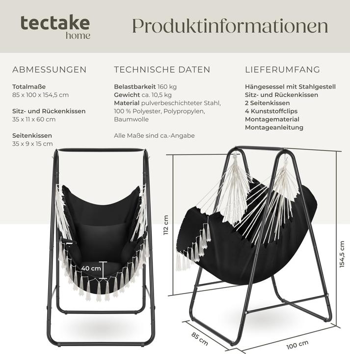 Immagine prodotto tectake Sedia sospesa Alison, stile boho, capacità di carico 160kg (160 kg)