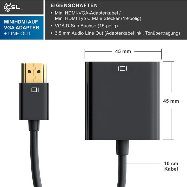 Produktbild CSL HDMI Typ C (Mini) zu VGA & 3,5mm-Klinke, Full HD Mini HDMI auf VGA Video/Audio Adapter (VGA, 10 cm)
