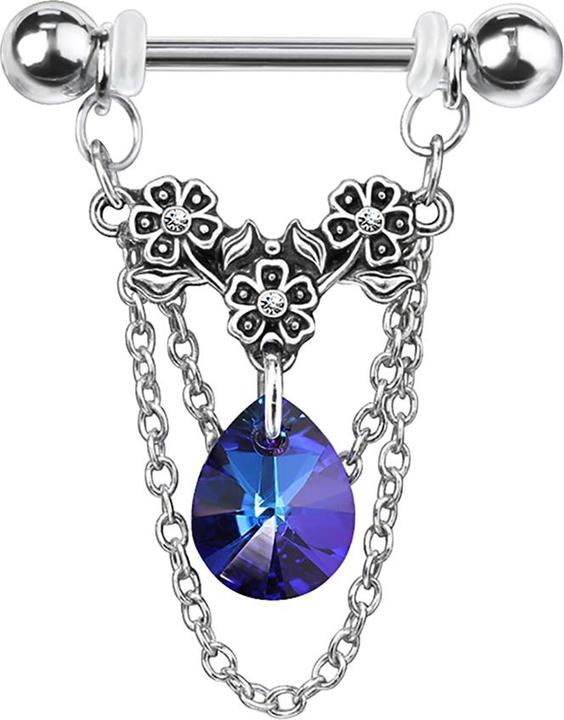 Produktbild Star Piercing Barbell silber Blumen mit Kristall aqua und Anhänger Kette (Chirurgenstahl 316L, Messing)