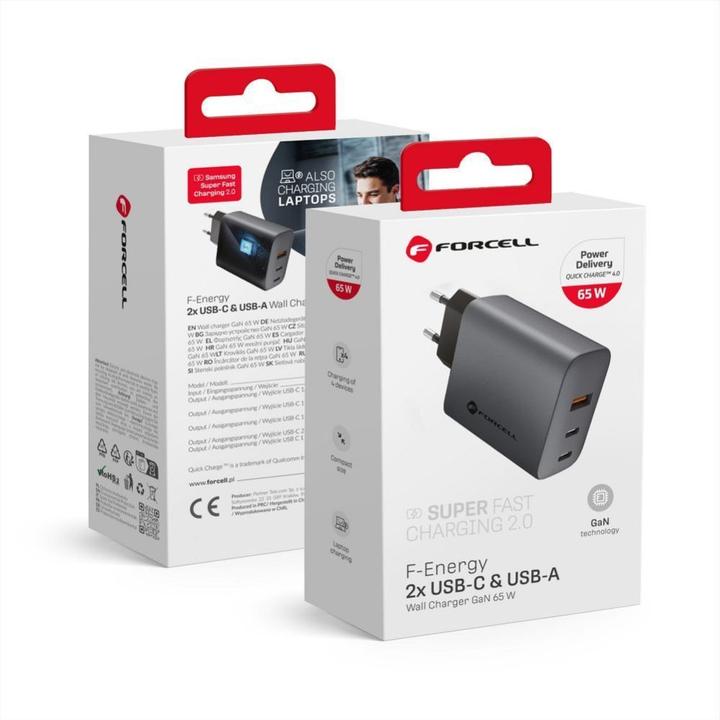 Actual product image Forcell Adapter F-ENERGY GaN VT-42B travel charger 2 x Type C + USB A PD QC4.0 4A 65W gray (65 W)