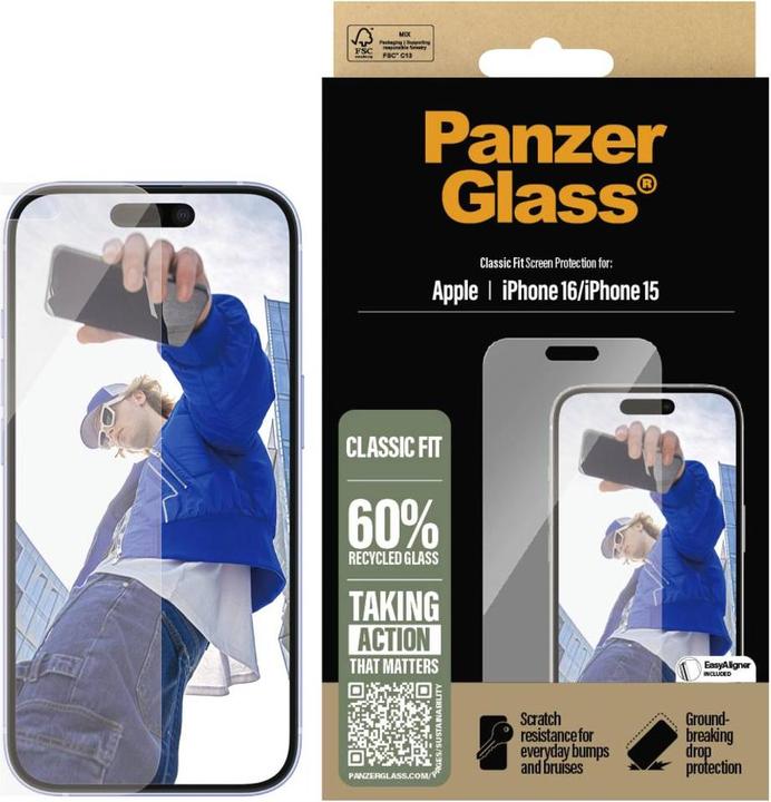 Produktbild PanzerGlass Classic Fit (1 Stück, Apple iPhone 16, Apple iPhone 15)