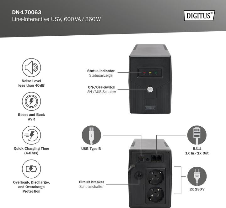 Actual product image Digitus Line Interactive USV 600VA/360W black 2xSchuko 2xRJ11 AVR H279xB101xD142 mm (600 VA, 360 W, Line-interactive UPS)