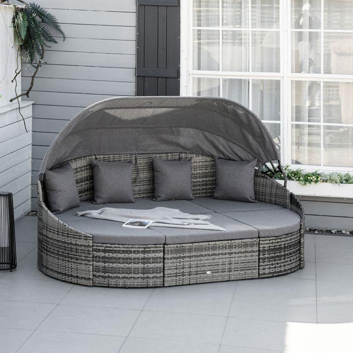 Actual product image Swisshandel24 Rattan sun island 4-piece sun lounger island with sun canopy seating group 4 cushions metal grey
