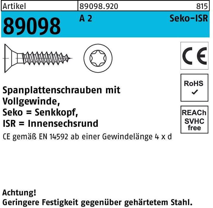 Produktbild Spanplattenschraube R 89098 SEKO Innensechsrund VG 6 x 40 -T25 A 2 (500 Schrauben pro Stück)