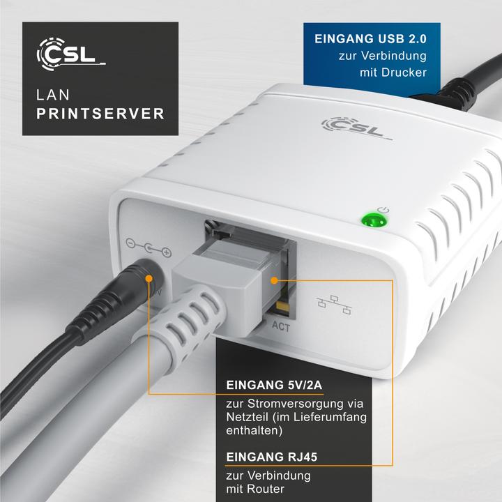 Produktbild CSL LAN Printserver Druckerserver USB2.0, LRP Print Server für Windows, Netzwerk USB zu RJ45, DHCP fähig