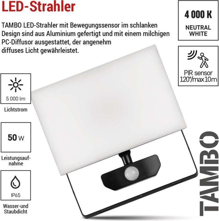 Image du produit Emos LED-Flutlicht TAMBO mit Bewegungssensor, 50 W, 5000 lm, schwarz (5000 lm, IP54)