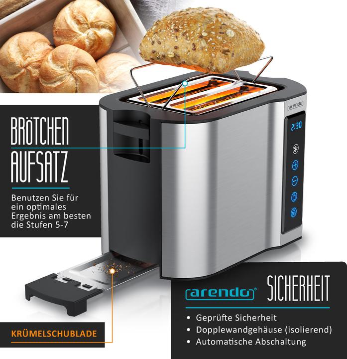 Produktbild Arendo Toaster Edelstahl 2 Scheiben Kurzschlitz, Brötchenaufsatz, Touchpanel, Display mit Restzeitanzeige