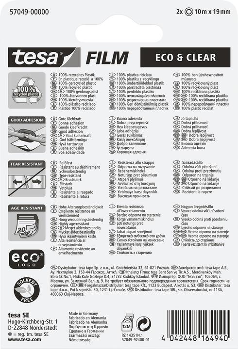 Actual product image tesa 2x tesafilm ECO & CLEAR, solvent-free and ageing-resistant (19 mm)