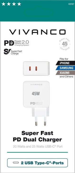 Produktbild Vivanco USB-C PD2.0 Dual Schnellladegeraet, 20W + 25W, weiss (45 W)