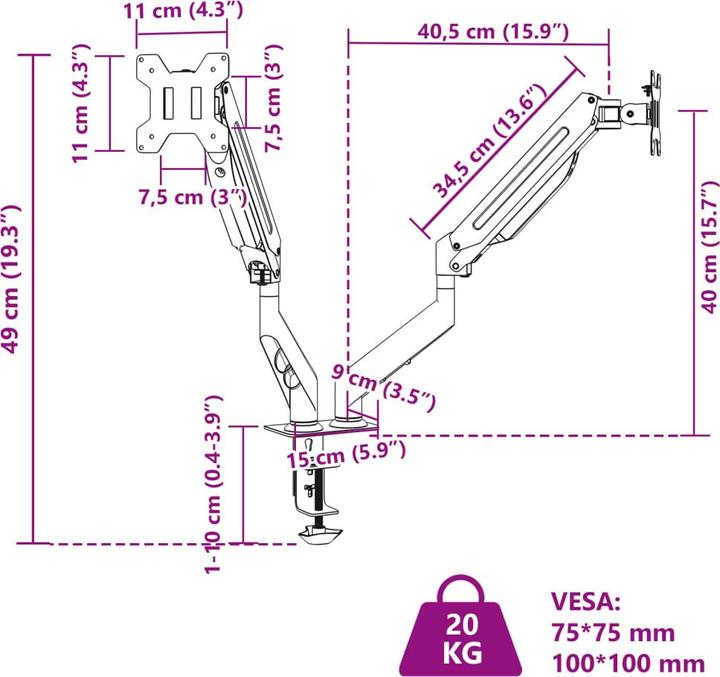 Valori nutrizionali e ingredienti VidaXL Braccio per monitor doppio per max 27 pollici VESA 75/100 mm 20 kg (27")
