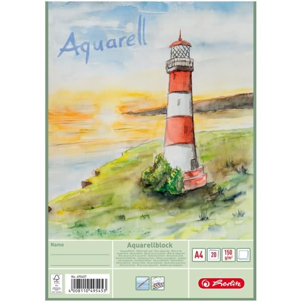 Actual product image Herlitz Watercolour block, 210 x 298 mm, content: 20 sheets 150 gsm, white, rough, study quality (A4, Plain, Hardcover)