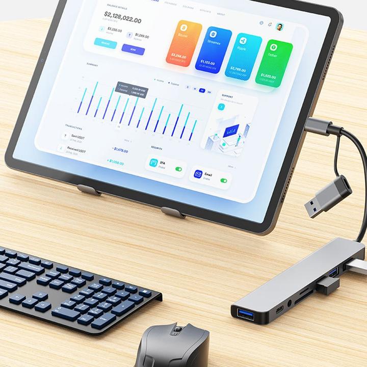 Produktbild Apfelkiste USB C/USB 3.0 Multiport Hub mit SD/MicroSD & 3.5mm Klinke – 5 Gbit/s (USB C + 4x USB A) (USB-C, 4 Ports)