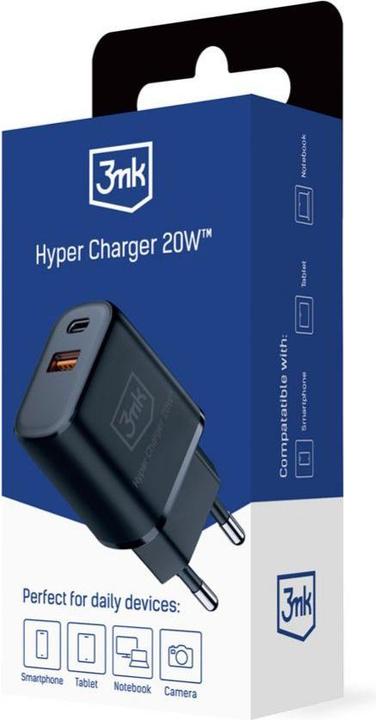 Produktbild 3MK HyperCharger 20W 1xUSB-C + 1xUSB-A ładowarka sieciowa PD/QC czarna/black (20 W)