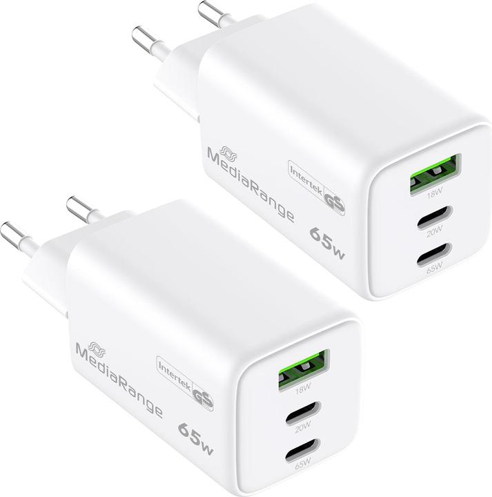 MediaRange Adattatore per la ricarica rapida, GaN, 2x USB-C e 1x USB-A, PD e QC, 65 watt, set di 2 (65 W)