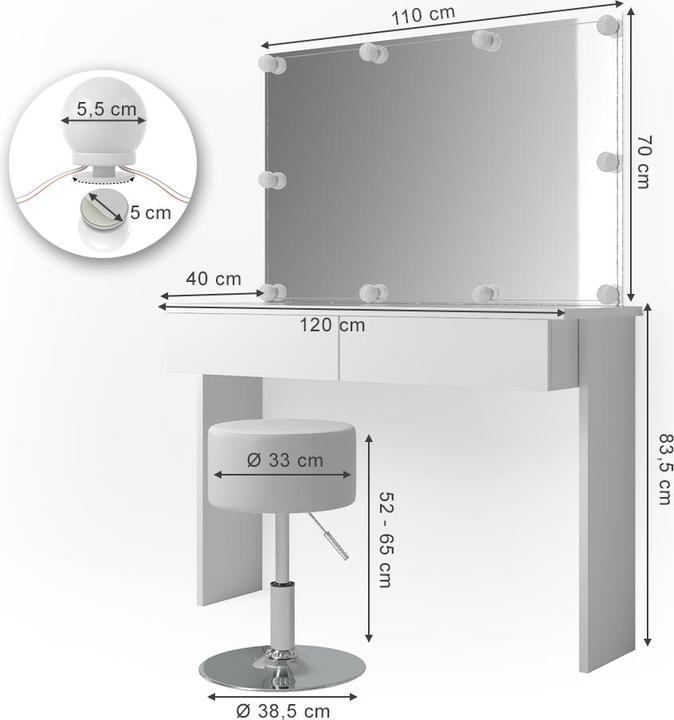 Produktbild Vicco Azur mit Hocker und Beleuchtung (120 x 40 x 84 cm)