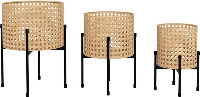 Swisshandel24 Set of 3 plant stands Flower stand with rattan look Plant stool Flower stool for indoor and outdoor