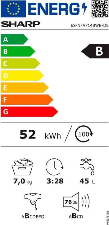 Label énergétique Sharp ES-NFA714BWB-DE (7 kg, Gauche)