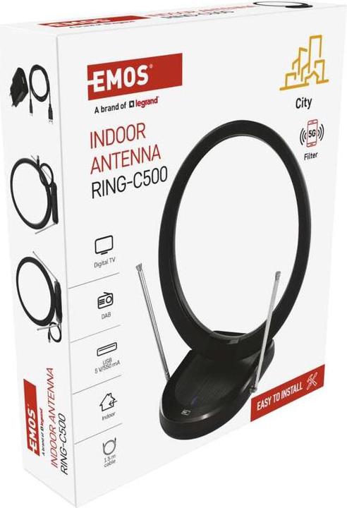 Image du produit Emos Antenne intérieure CITY RING-C500, filtre DVB-T2, DAB, LTE/4G/5G (Antenne d'intérieur, DVB-T / -T2)