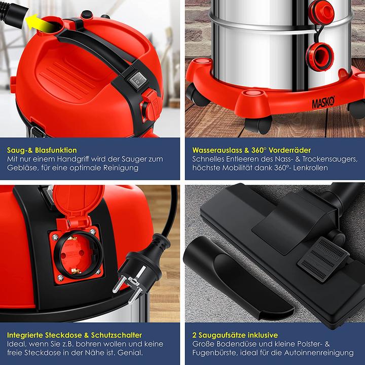 Image du produit Masko Aspirateur industriel sans sac rouge (Aspirateur eau et poussière)