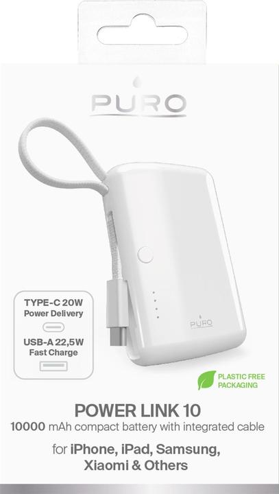 Immagine prodotto SBS Puro Powerbank 5000mAh con cavo USB-C integrato, Power Delivery 20W, bianco (10000 mAh, 20 W, 37 Wh)