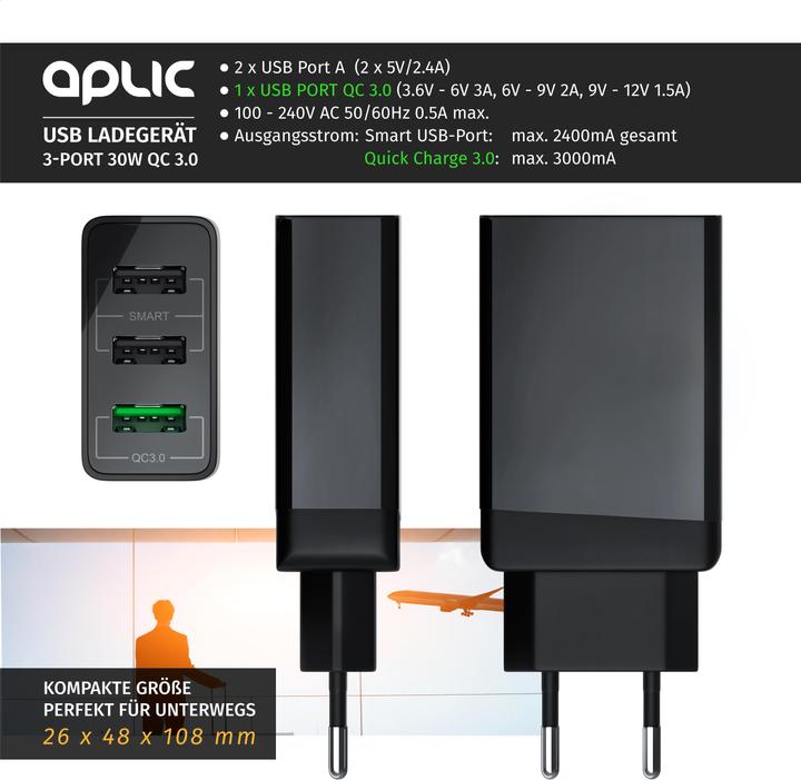 Image du produit Aplic Chargeur USB 3000 mA, 3 ports d'alimentation, Quick Charge 3.0, 2x port USB + 1x port QC 3.0, noir