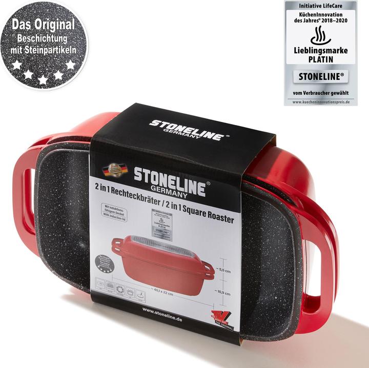 Produktbild Stoneline Bräter 40 x 22 cm mit Deckel, Backofen und Induktion geeignet, Antihaftbeschichtung, rot (Bräter + Schmortopf, Aluminiumguss)