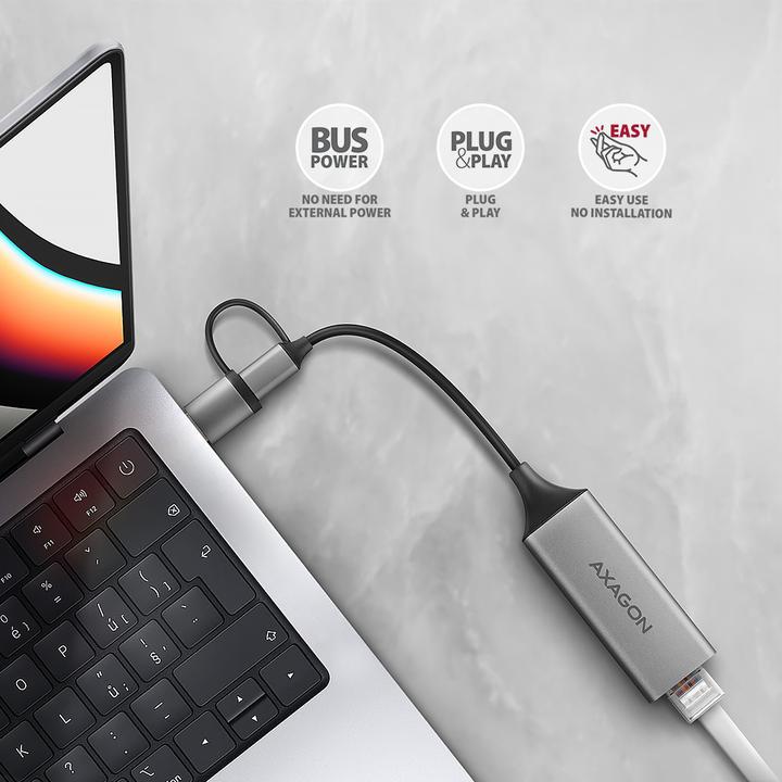Productafbeelding Axagon ADE-TXCA, USB-C + USB-A 3.2 Gen 1 - Gigabit Ethernet s????ov?? karta, Asix AX88179, automatisch (USB-C, USB, RJ45/LAN (1x))
