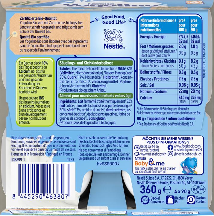 Nährwerte und Zutaten Yogolino Bio Mango Quark 6 Monate (393 g)