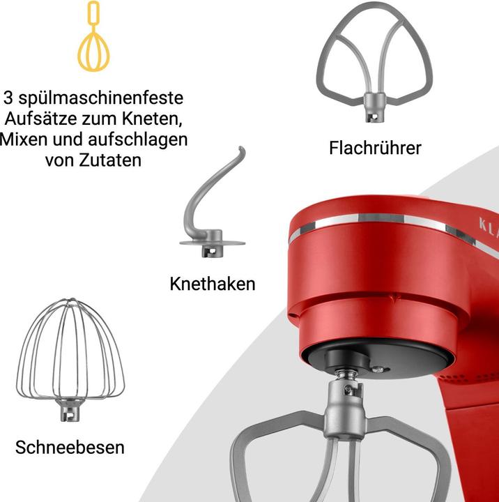 Actual product image KLAMER Küchenmaschine, Knetmaschine mit 6 Liter Edelstahl Schüssel (1800 W)