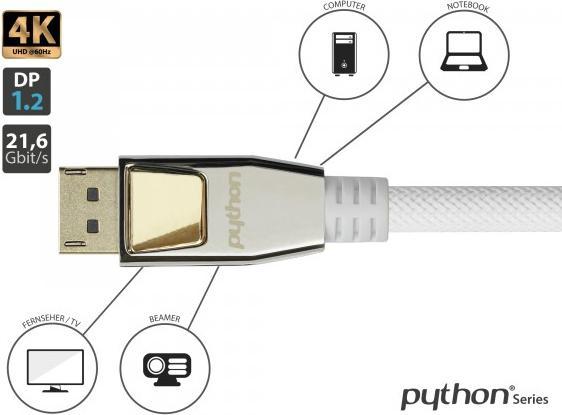 Image du produit Python Câble de connexion DisplayPort 1.2, 4K / UHD @60Hz, connecteur entièrement métallique, contacts (10 m, DisplayPort)