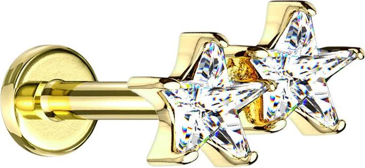 Actual product image Star Piercing Micro Labret Internal Thread 14k Gold Plated Double Crystal Star (Brass, Surgical steel 316L)