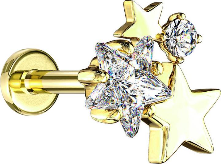 Produktbild Star Piercing Micro Labret Innengewinde 14k vergoldet Sterne mit Kristall (Messing, Chirurgenstahl 316L)