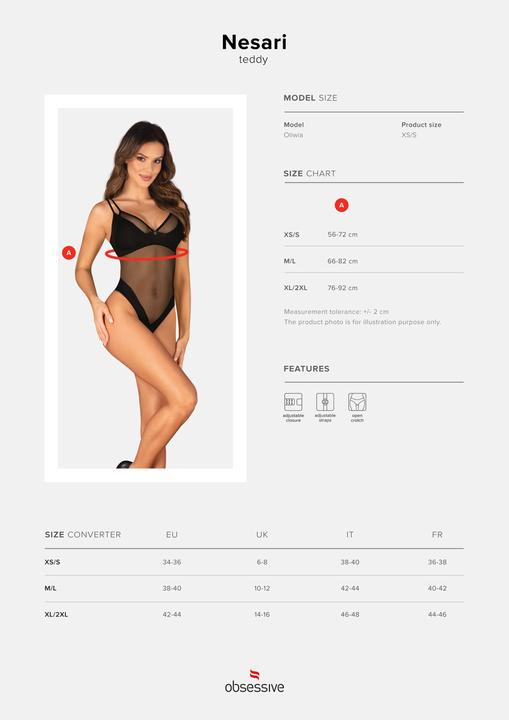 Actual product image Obsessive Nesari Crotchless Teddy - Black (L, XL)