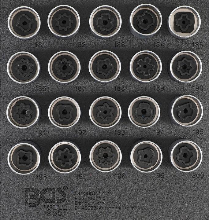 Produktbild BGS Werkstattwageneinlage 1/6: Felgenschloss-Werkzeug-Satz für Opel (Typ B) 20-tlg.