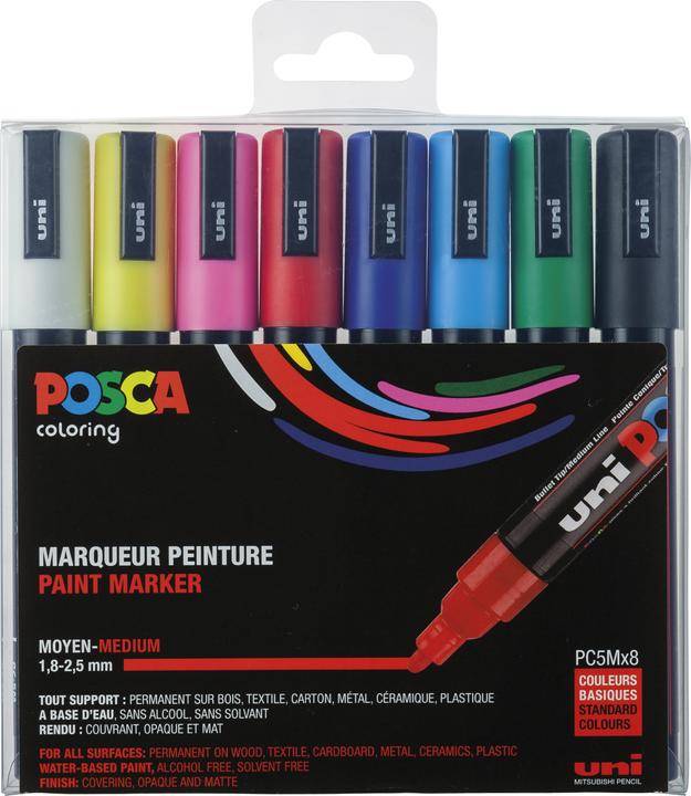 Posca Marchio PC-5M a punta tonda (Colori di base, 2.50 mm, 8 x)