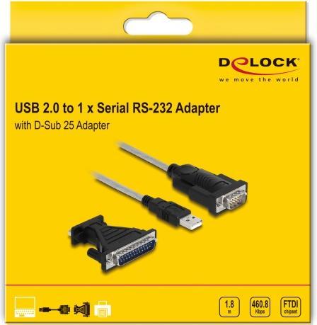 Image du produit Delock Adaptateur USB 2.0 type A vers 1 x série RS-232 D-Sub 9 + adaptateur D-Sub 25 (1.80 m)