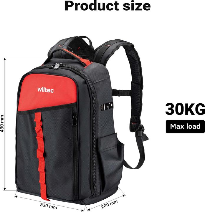 Actual product image Wiltec Werkzeugrucksack 33x20x43cm Werkzeugtasche 16 Fächer Werkzeug Rucksack
