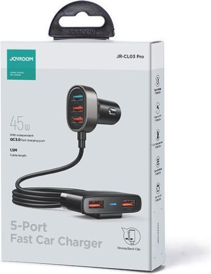 Immagine prodotto Joyroom Caricabatterie da auto veloce con cavo di prolunga 45W 5 x USB-A nero (JR-CL03 Pro)