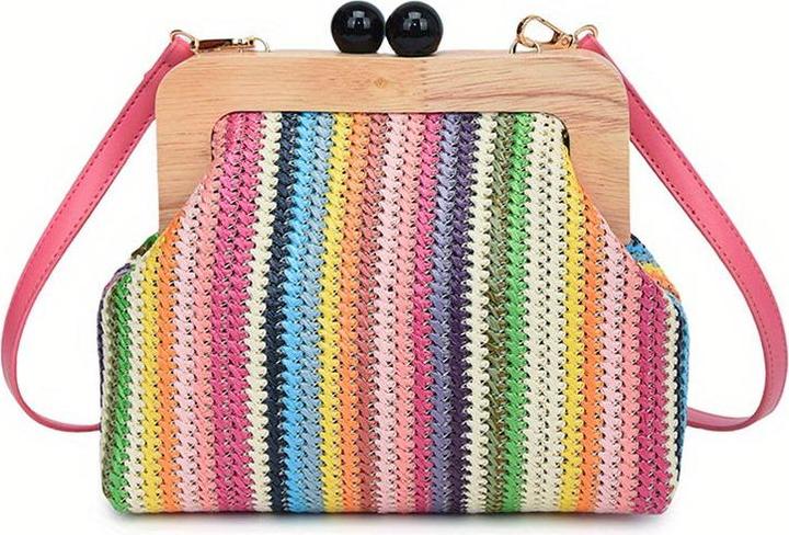 Only-Bags.Store Vintage Woven Crossbody Bag, bunt gestreifte Shell Clutch, Holzschnappverschluss