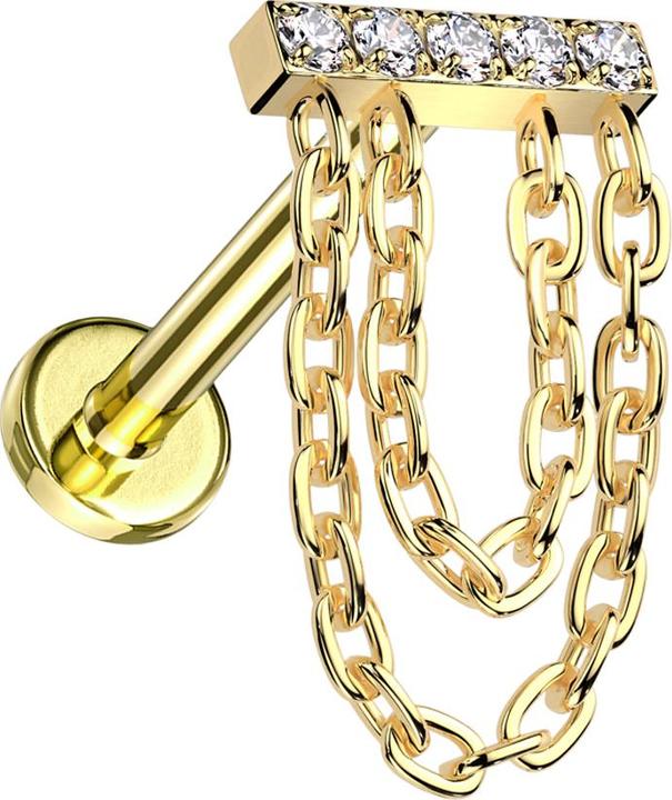 Image du produit Star Piercing Micro Labret filet femelle doré Barre dorée Cristaux argent Pendentif deux chaînes (sans laiton, Titane G23)