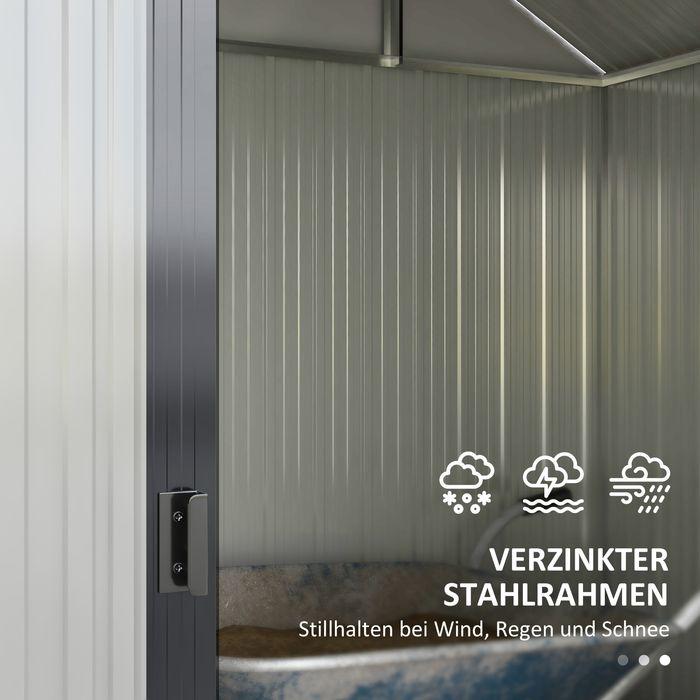 Immagine prodotto Swisshandel24 Gerätehaus Stahl 2,7m² UV-Schutz 2 Schiebetüren Regal Fundament Dunkelgrau 238x132x198,5cm