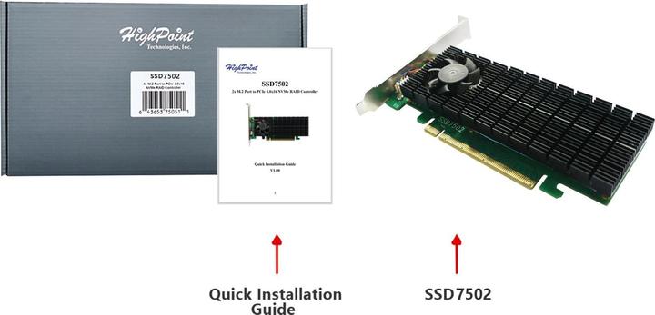 Actual product image HighPoint RAID controller SSD7502 2x M.2 NVME PCI-x4v4, PCI-Ex16