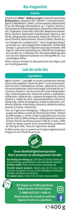 Valori nutrizionali e ingredienti Holle Latte di proseguimento biologico A2 3 cartoni da 400 g (400 g, da 10 m.)