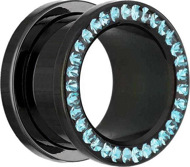 Actual product image Star Piercing Flesh Tunnel black with crystal aqua and epoxy protection layer (Surgical steel 316L, without brass)