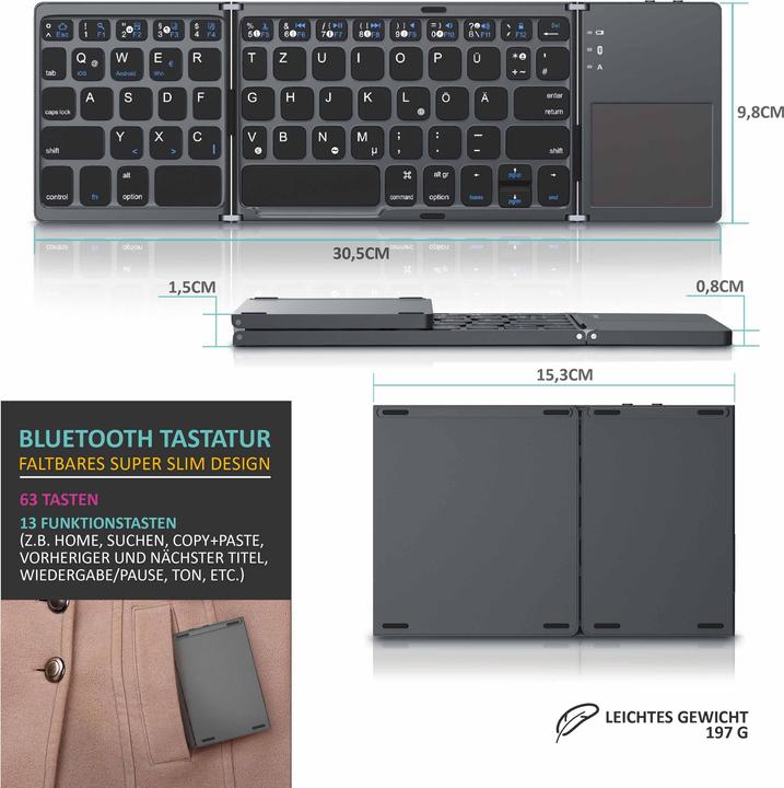 Actual product image Aplic Wireless Keyboard, Foldable Mini Bluetooth Keyboard with Touchpad in Super Slim Design (DE, Wireless)
