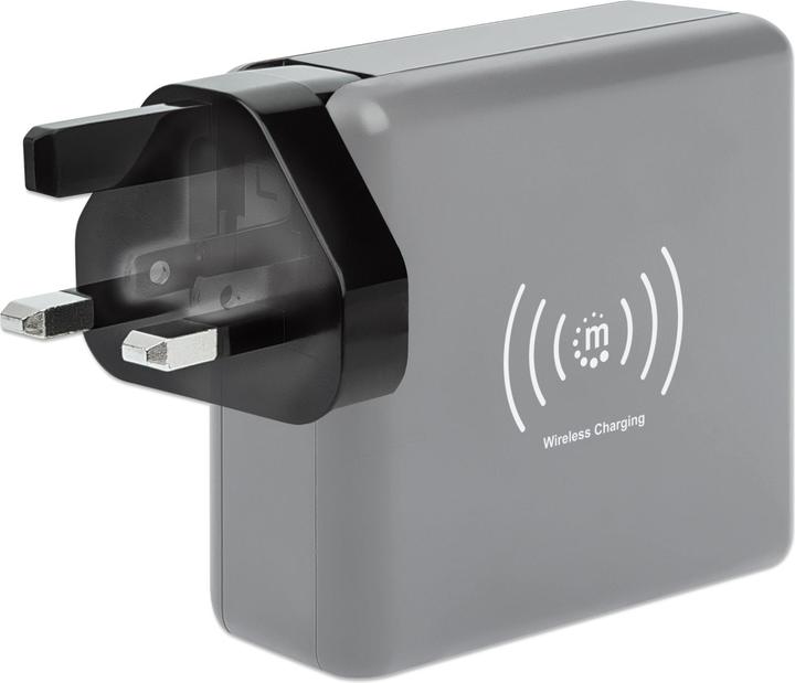 Actual product image Manhattan 4-in-1 Travel Charger and Powerbank 8,000 mAh One 5 W wireless induction charging pad, two 12 W USB (8000 mAh, 5 W, 29.60 Wh)
