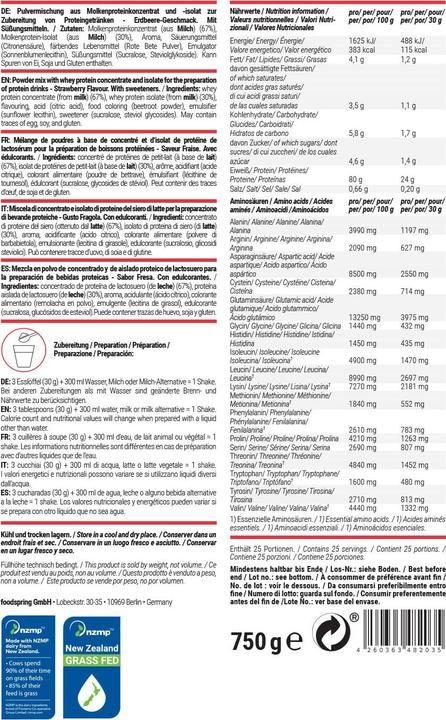 Nutritional values and ingredients Foodspring whey protein (Strawberry, 1 pcs., 750 g)