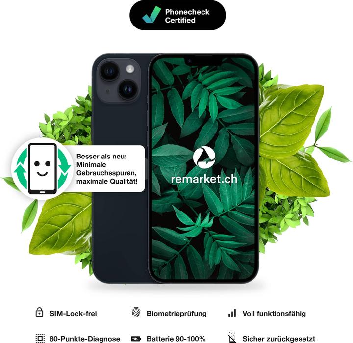 Actual product image remarket.ch iPhone 14 (128 GB, Midnight, 6.10", 12 Mpx, B / Very good)